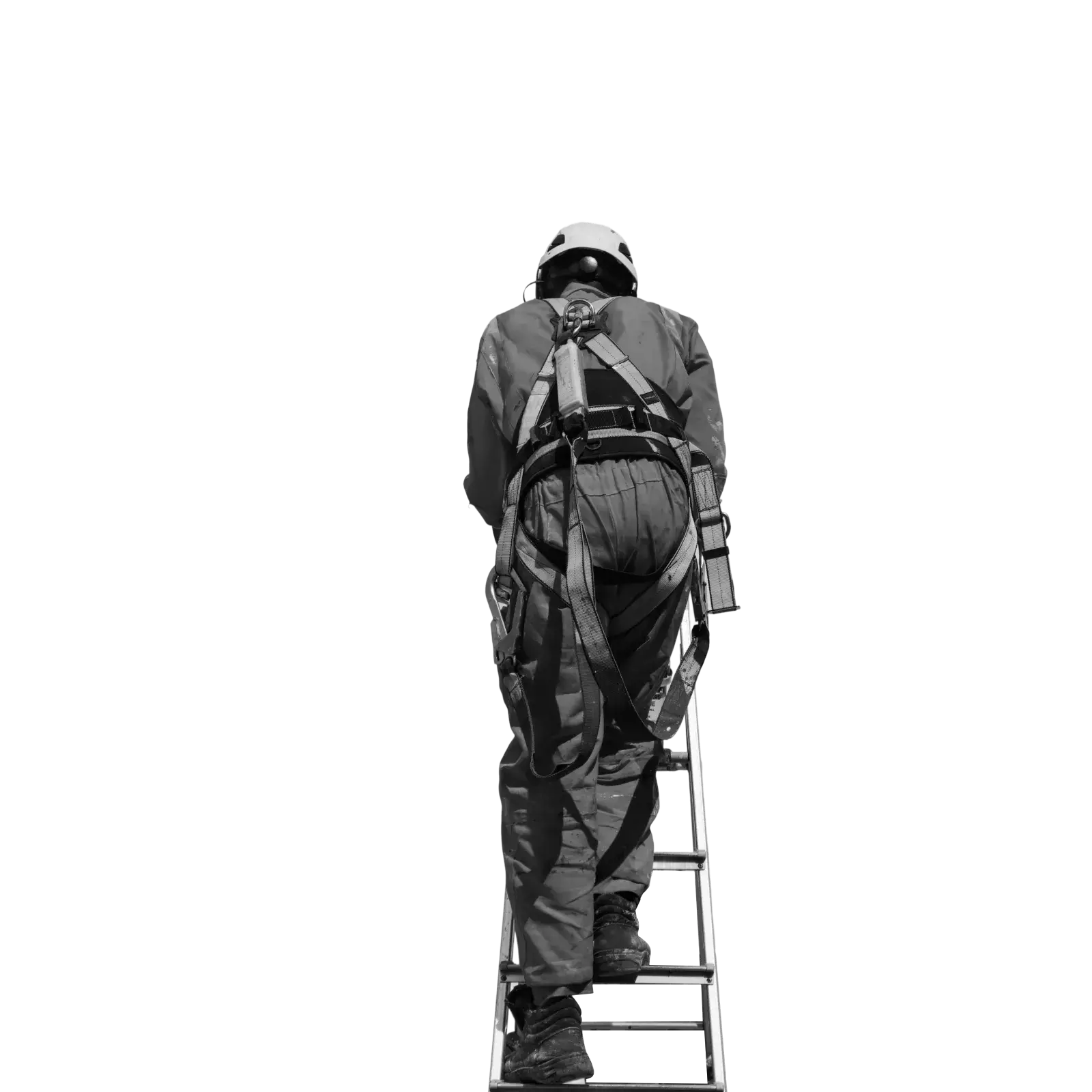 Картинка эксперта поднимающегося по лестнице для обследования технического состояния здания и сооружения